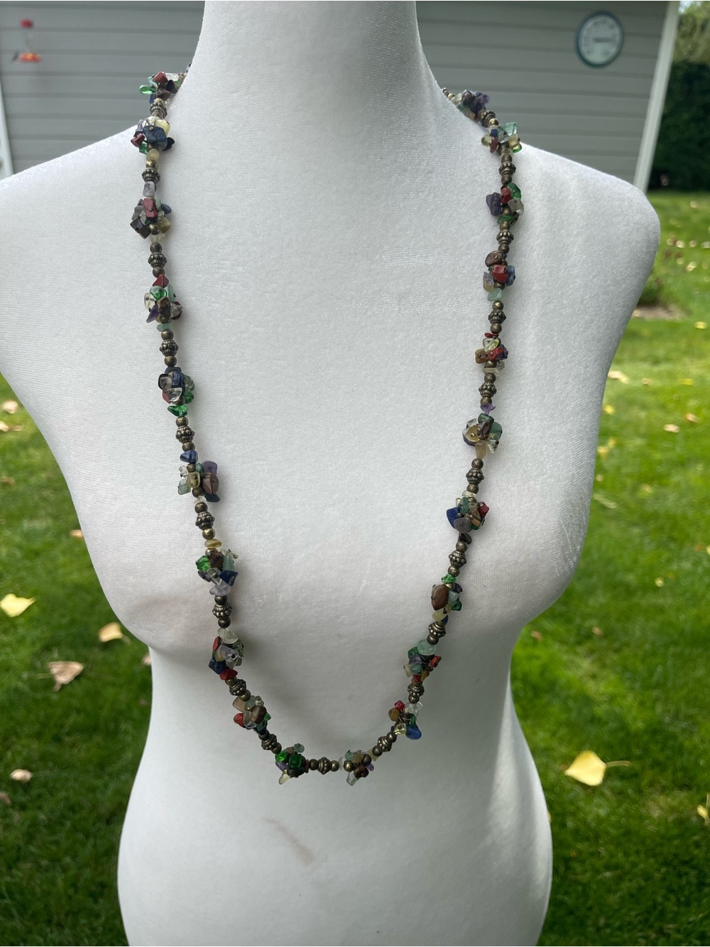 Cookie Lee Stone Chip Cluster Long Necklace Antique Brass Beads Adjustable (B1)